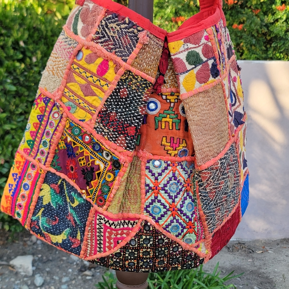 Vtg Handmade Bohemian Patchwork Mirror Work Tassel Embroidered Tote Bag - Picture 5 of 7
